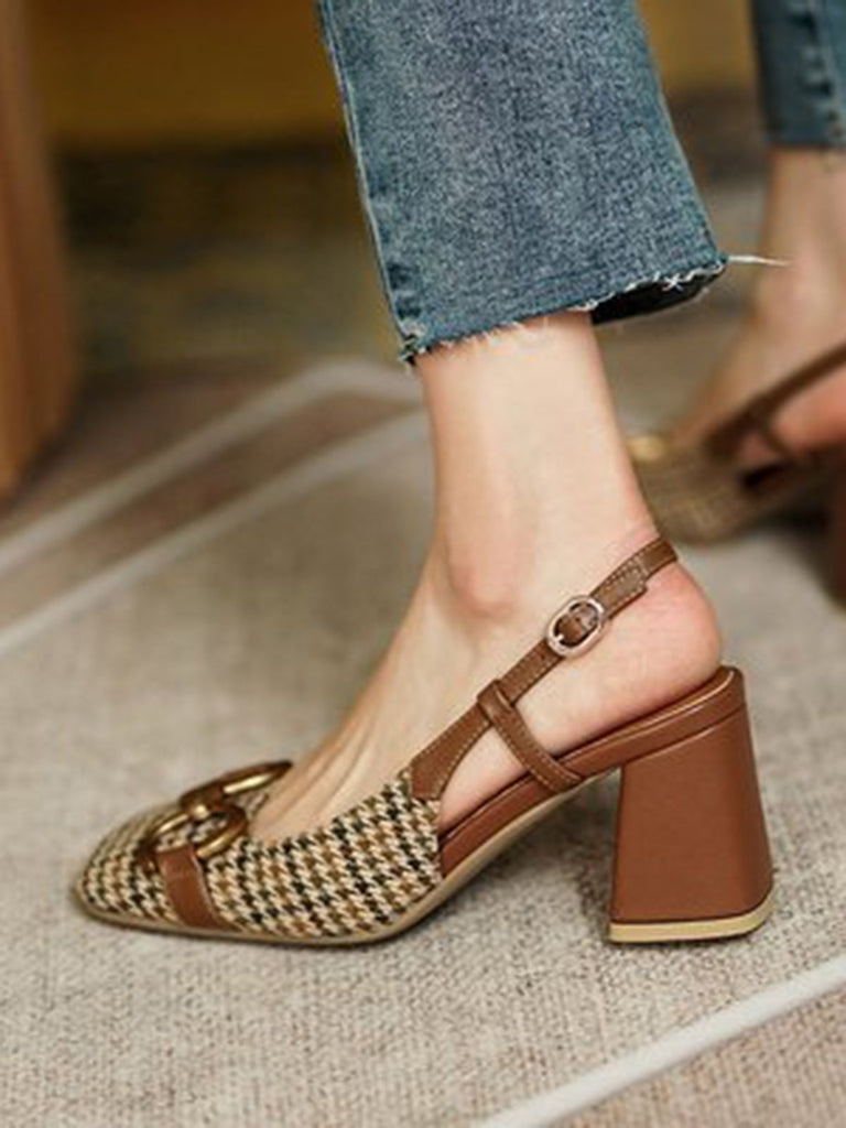 RETRO COFFEE PLAID DICKE HIGH HEELS SCHUHE