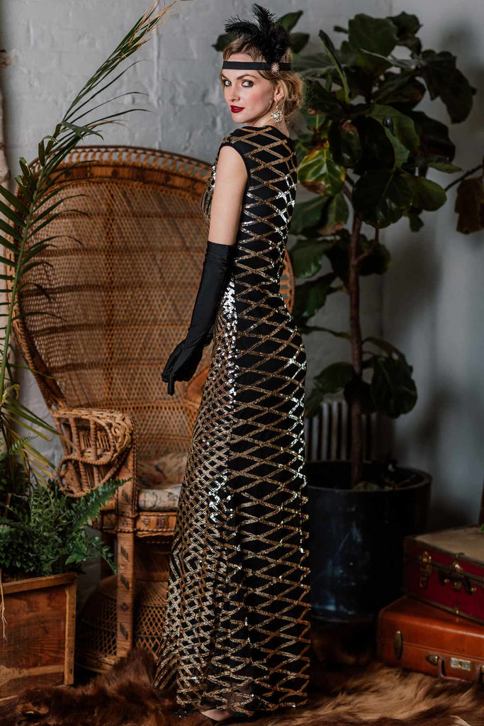 1920ER SCHWARZ PAILLETTEN MAXIKLEID
