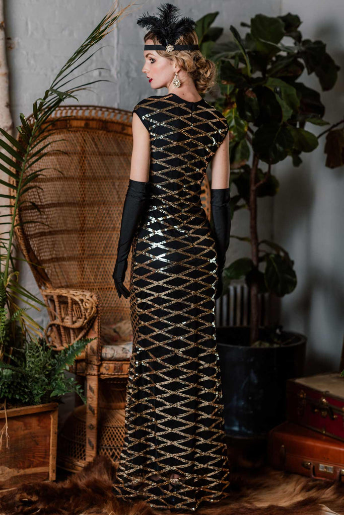 1920ER SCHWARZ PAILLETTEN MAXIKLEID