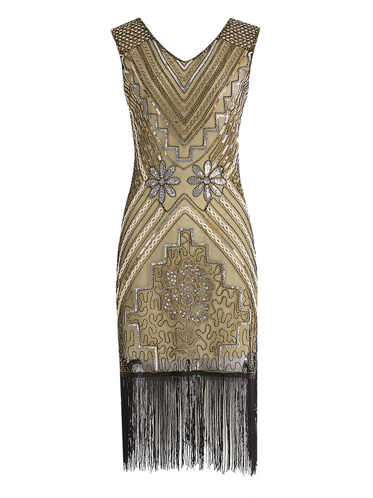 1920ER APRIKOSE PAILLETTEN FRANSEN FLAPPER KLEID