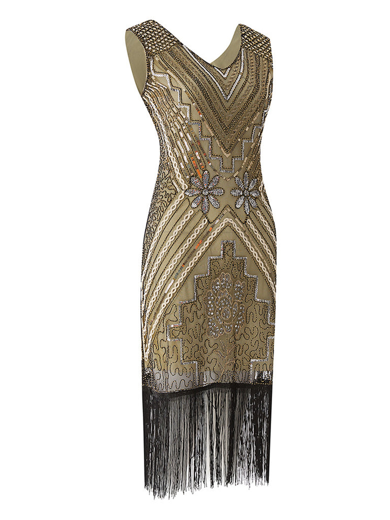 1920ER APRIKOSE PAILLETTEN FRANSEN FLAPPER KLEID
