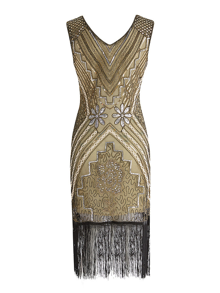 1920ER APRIKOSE PAILLETTEN FRANSEN FLAPPER KLEID
