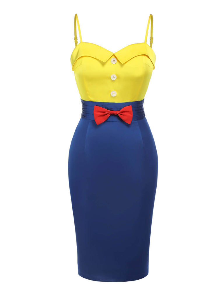Gelb & Blau 1960er Schneewittchen Kostüm Bogen Bleistift Kleid