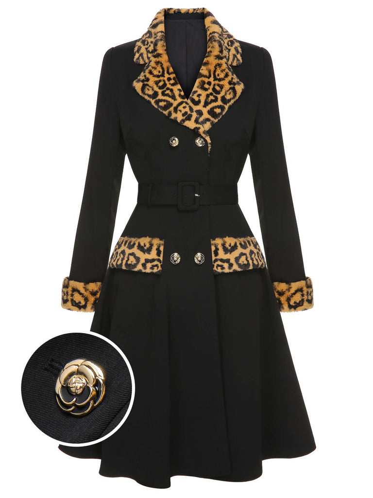 Schwarz 1950er Leopard Revers Tasche Mantel