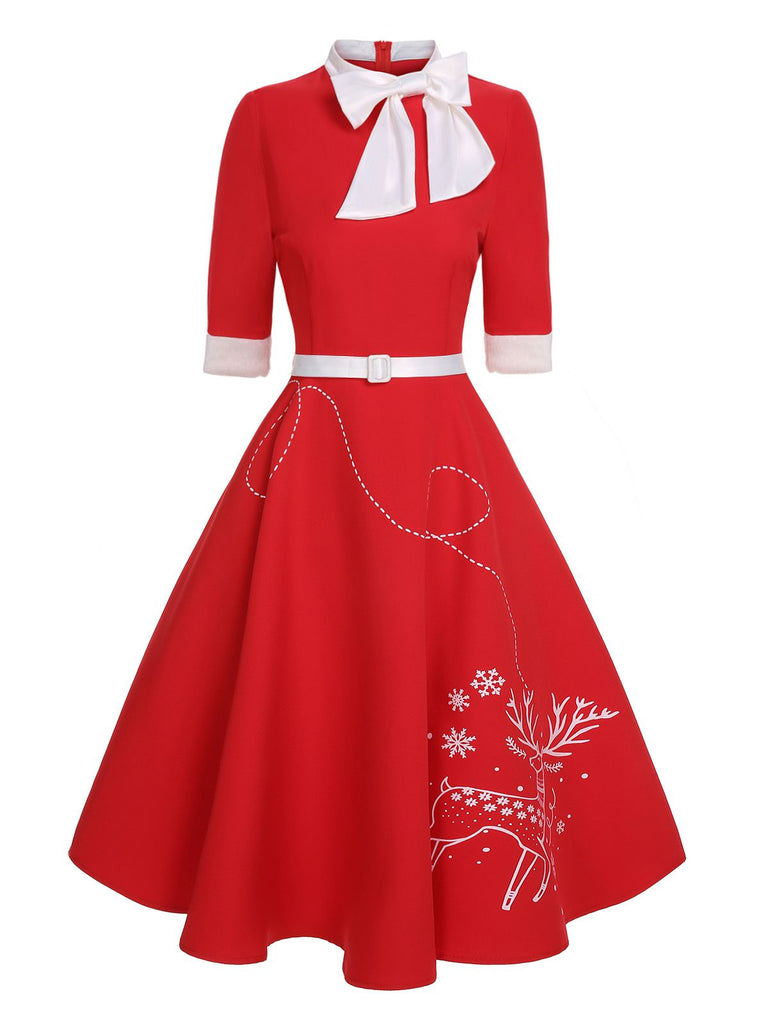 Rot 1950er Elch Bogen Patchwork Gürtel Kleid