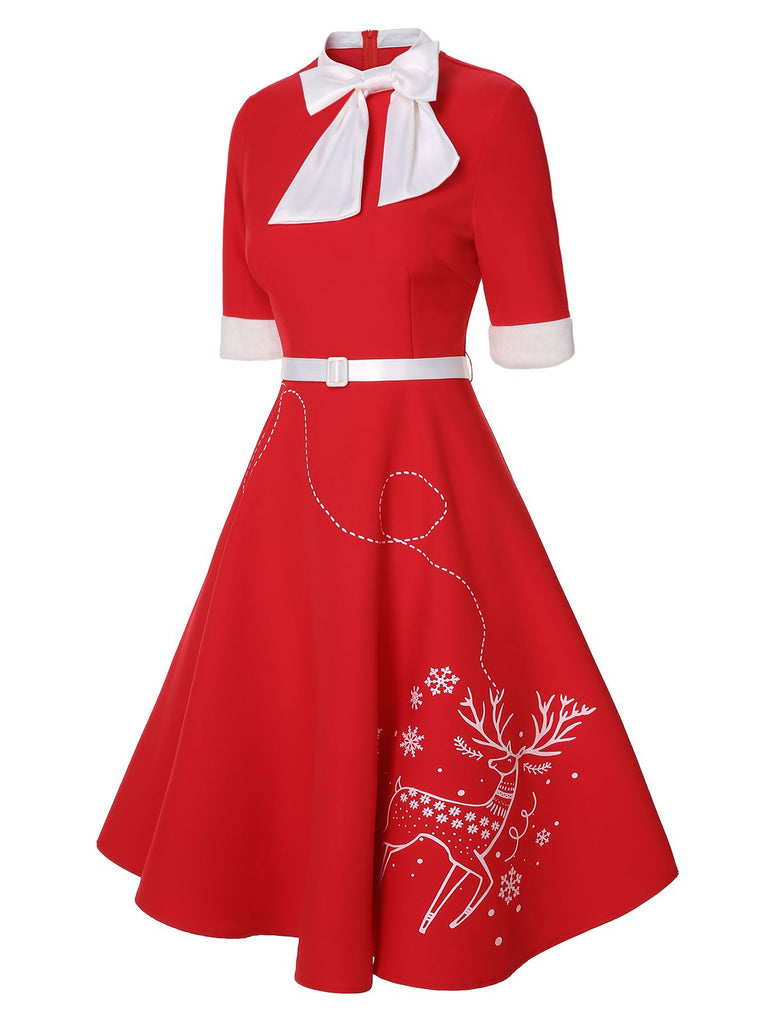 Rot 1950er Elch Bogen Patchwork Gürtel Kleid