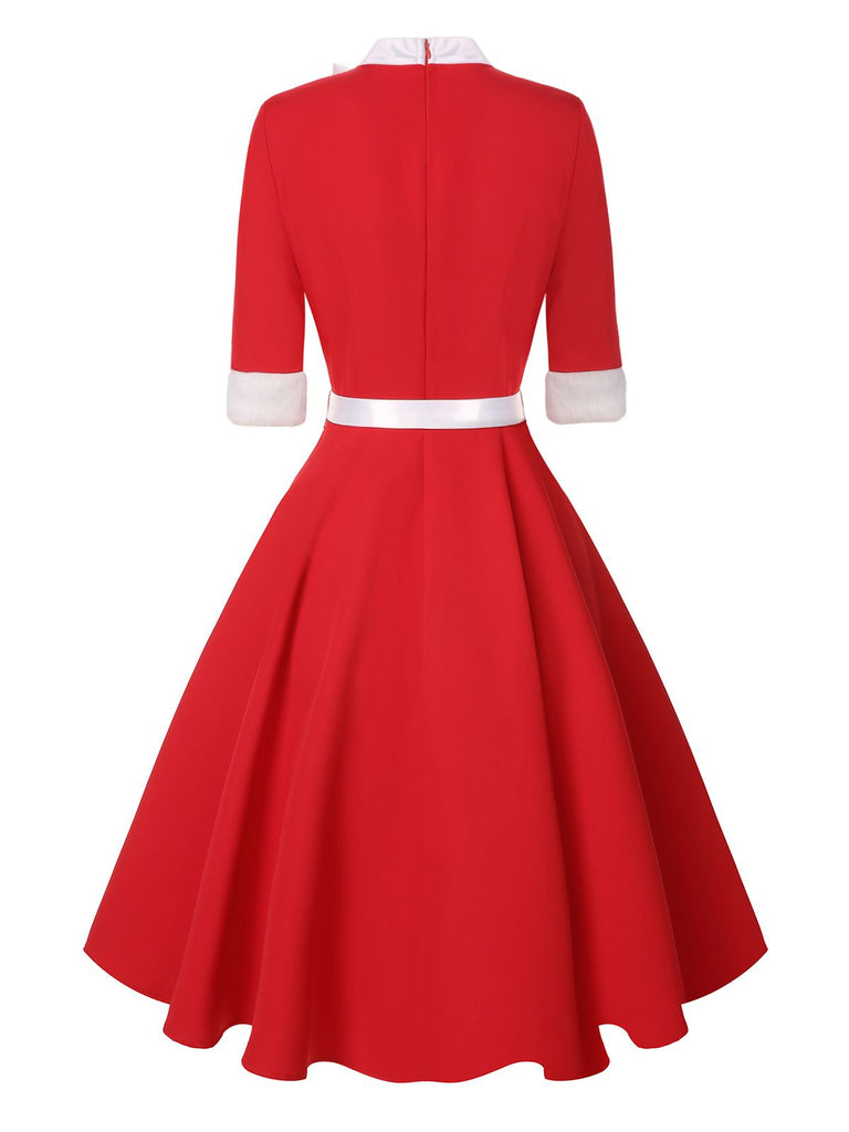 Rot 1950er Elch Bogen Patchwork Gürtel Kleid
