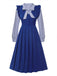 2Pcs Blau 1950er Gestreiftem Krawattenausschnitt Bluse & Rüschen Trägerkleid