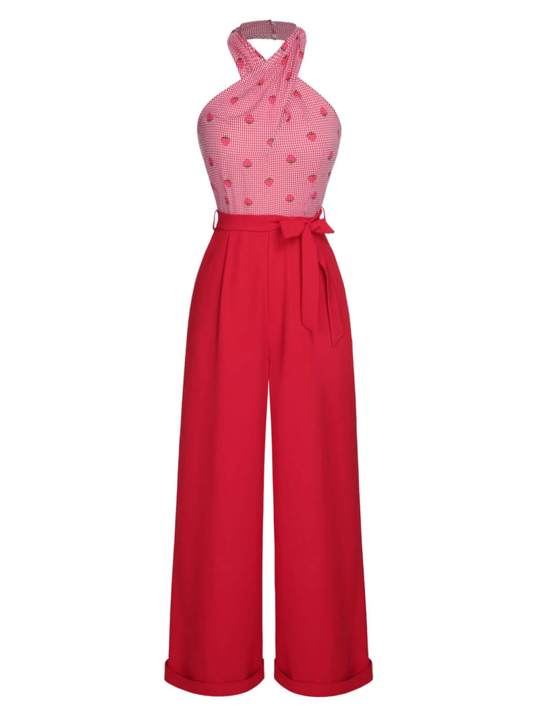 Rot 1950er Erdbeere Kreuz Halter Jumpsuit