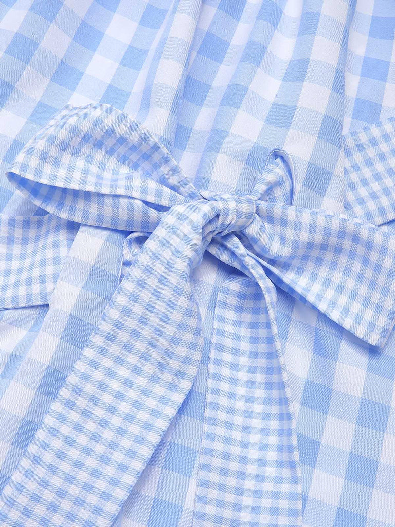 Blau 1950er Spaghettiträger Plaids Schleife Dekor Kleid