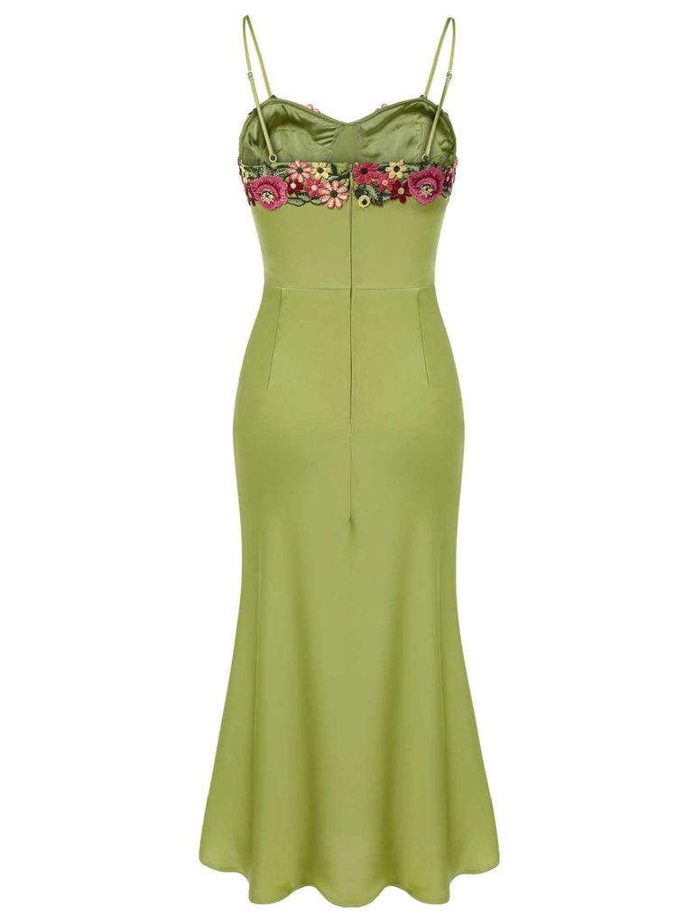 Grün 1960er Spaghetti Träger 3D-Blumenkleid