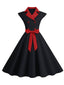 Schwarz 1950er Kontrastierenden Tupfen Schleifenknoten Gürtelkleid