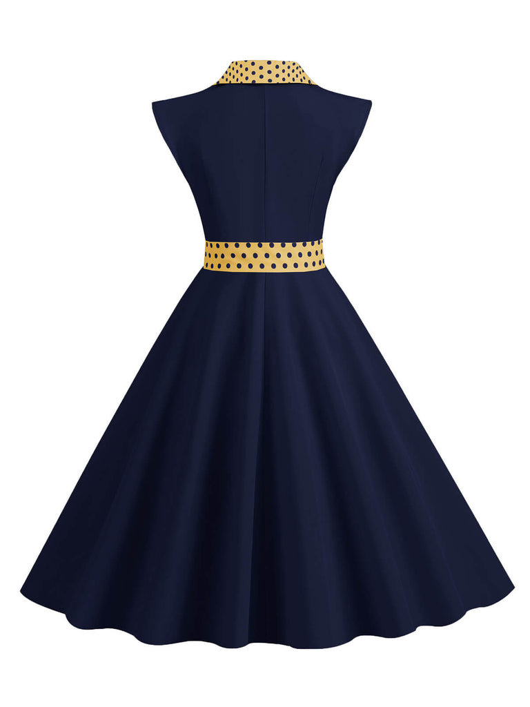 Dunkelblau 1950er Kontrastierenden Tupfen Schleifenknoten Gürtelkleid