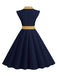 Dunkelblau 1950er Kontrastierenden Tupfen Schleifenknoten Gürtelkleid