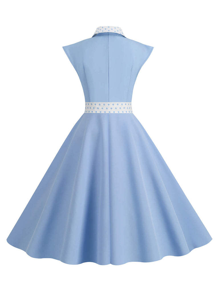 Dunkelblau 1950er Kontrastierenden Tupfen Schleifenknoten Gürtelkleid