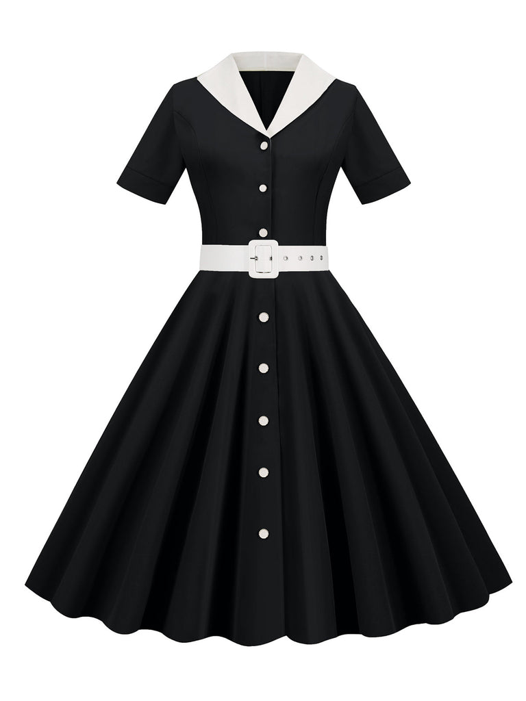 1950er Solide Kontrastierendem Reversgürtel Kleid