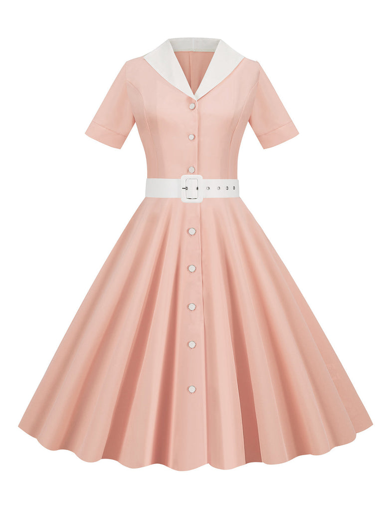 1950er Solide Kontrastierendem Reversgürtel Kleid