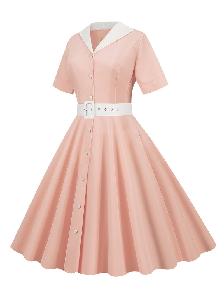 1950er Solide Kontrastierendem Reversgürtel Kleid