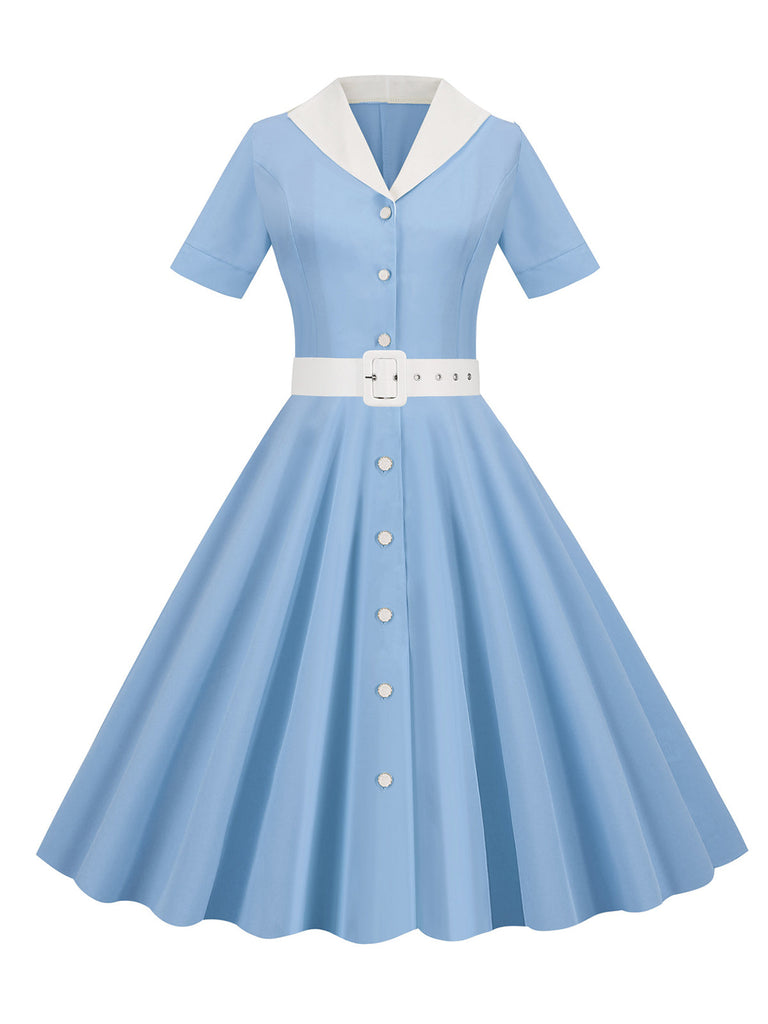 1950er Solide Kontrastierendem Reversgürtel Kleid