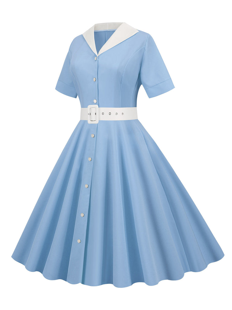 1950er Solide Kontrastierendem Reversgürtel Kleid