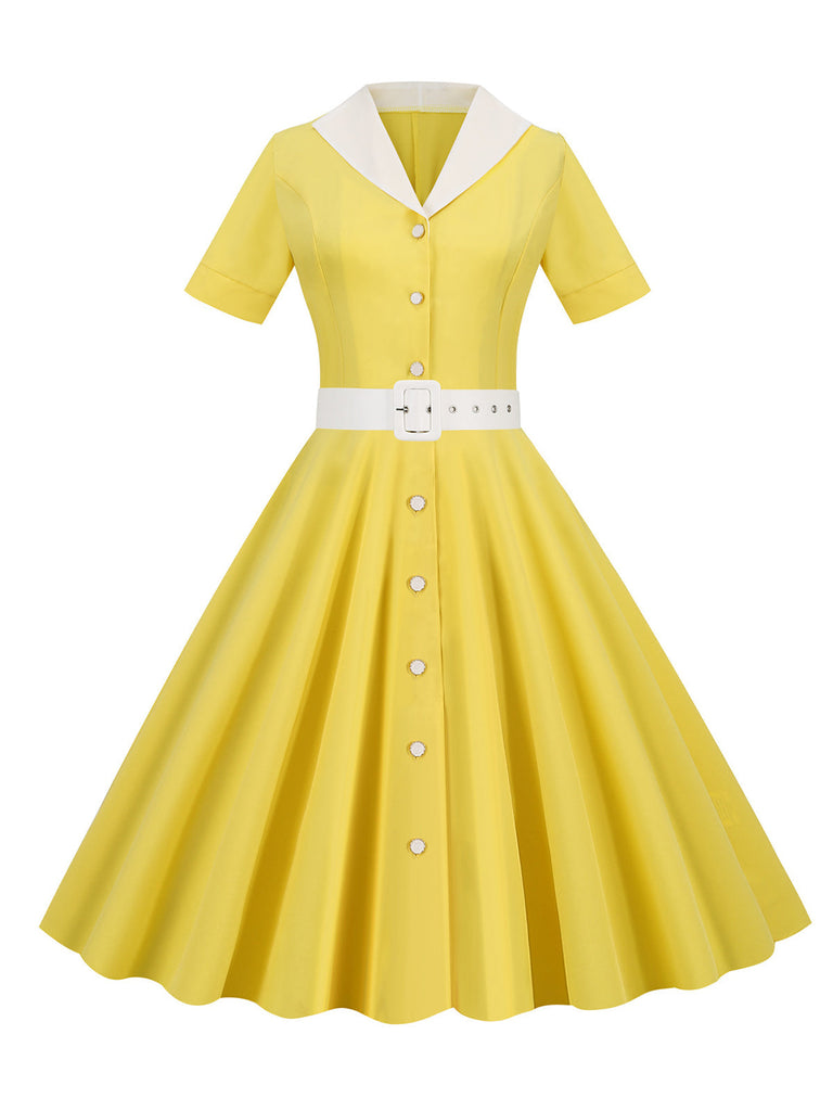 1950er Solide Kontrastierendem Reversgürtel Kleid