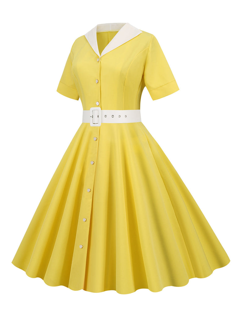 1950er Solide Kontrastierendem Reversgürtel Kleid