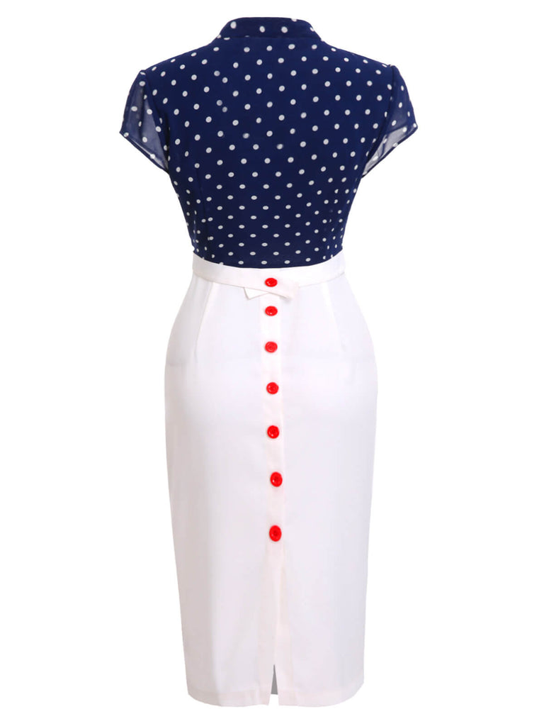 Blau & Weiß 1960er Polka Dot Langen Ärmeln Kleid