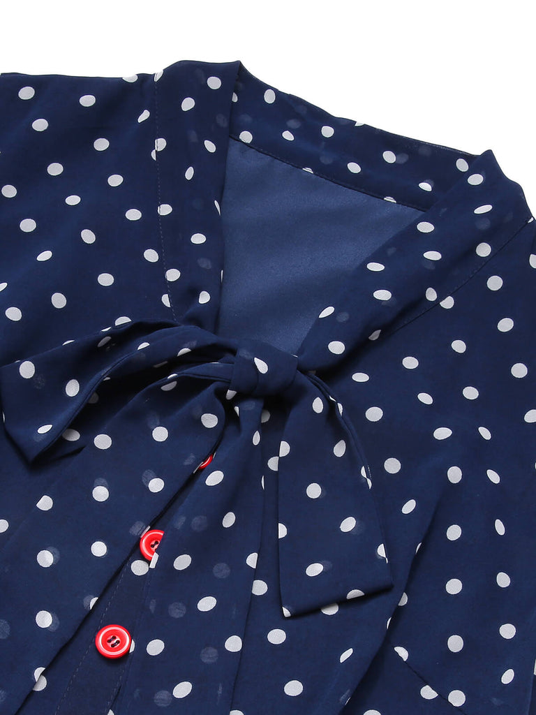 Blau & Weiß 1960er Polka Dot Langen Ärmeln Kleid