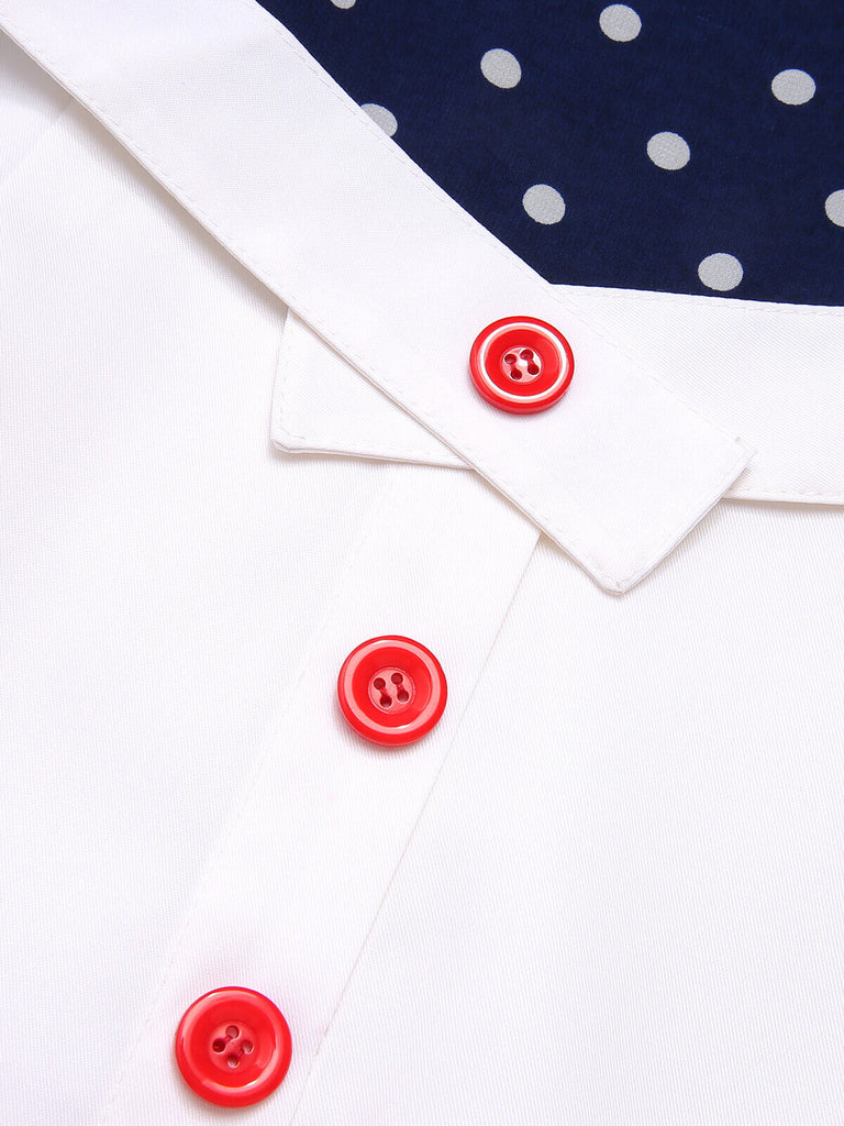 Blau & Weiß 1960er Polka Dot Langen Ärmeln Kleid