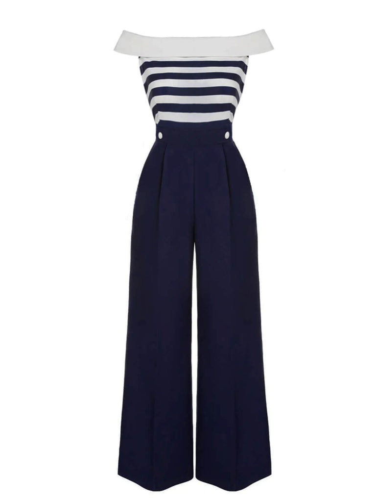 Dunkelblau 1930er Gestreifter Schulterfreier Jumpsuit