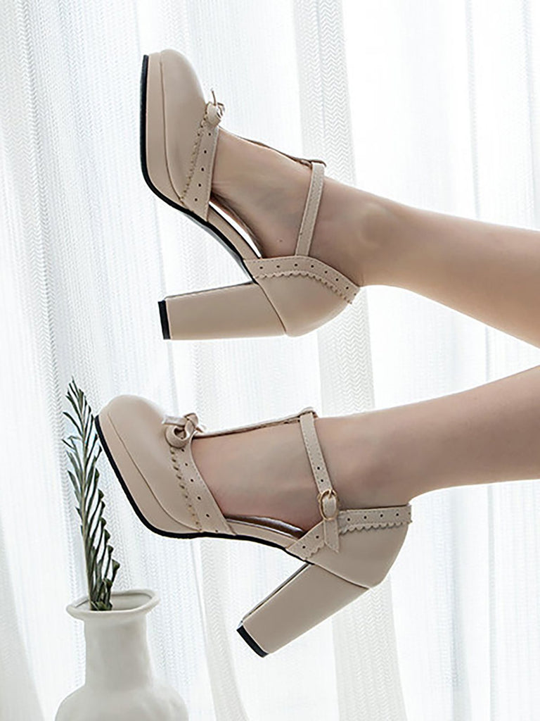 Schwarz Retro Bogen T-Gurt Hoher Absatz Schuhe