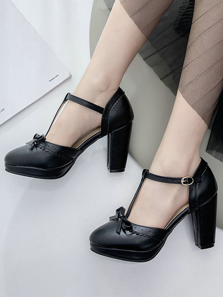 Hellblau Retro Bogen T-Gurt Hoher Absatz Schuhe