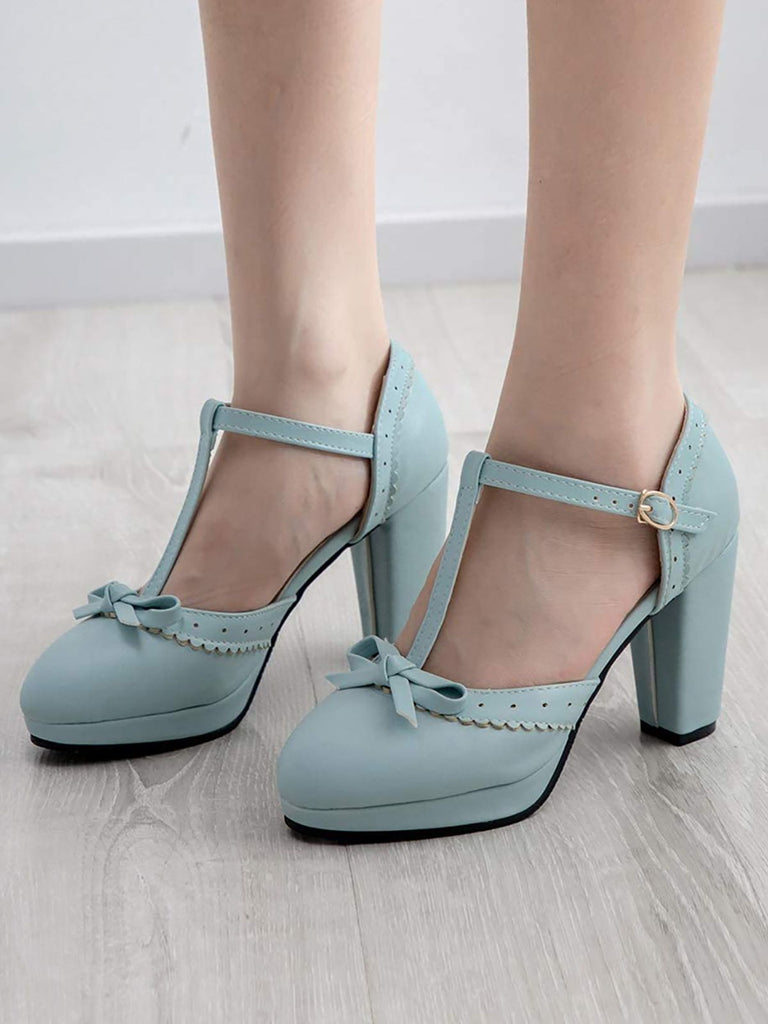 Hellblau Retro Bogen T-Gurt Hoher Absatz Schuhe