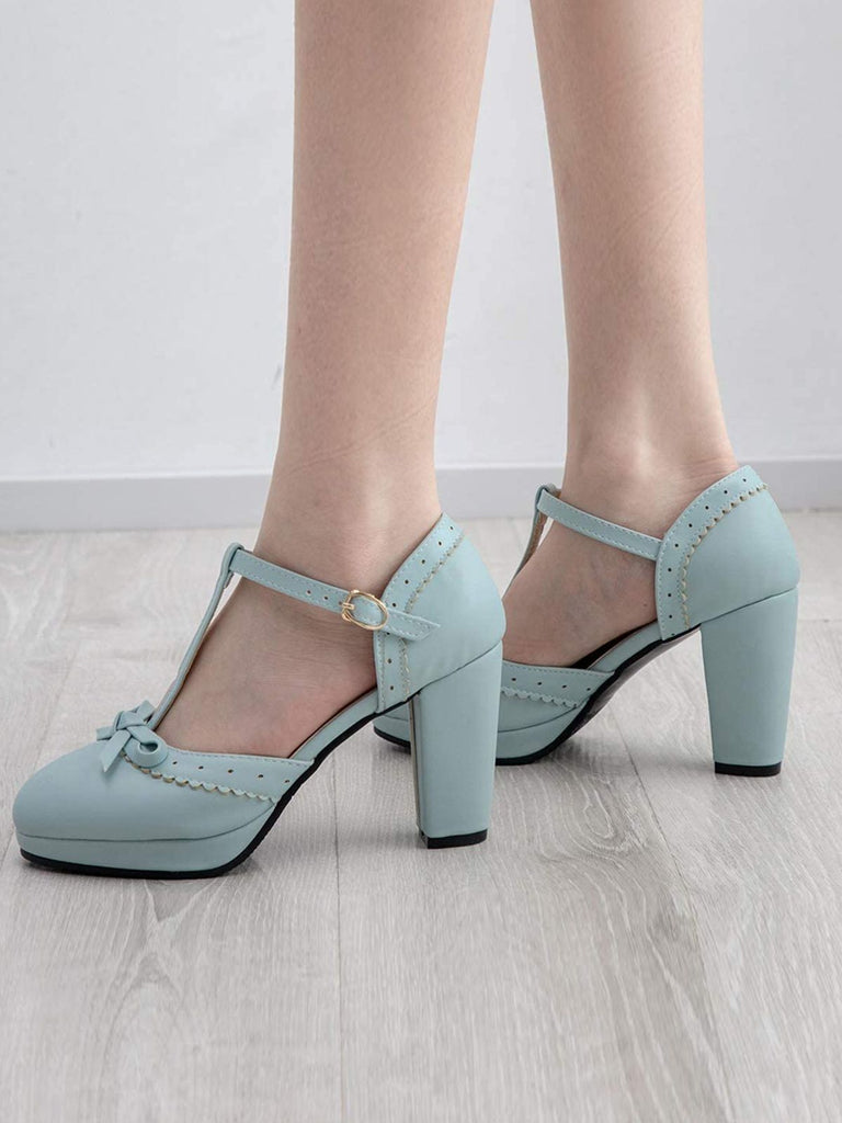 Schwarz Retro Bogen T-Gurt Hoher Absatz Schuhe