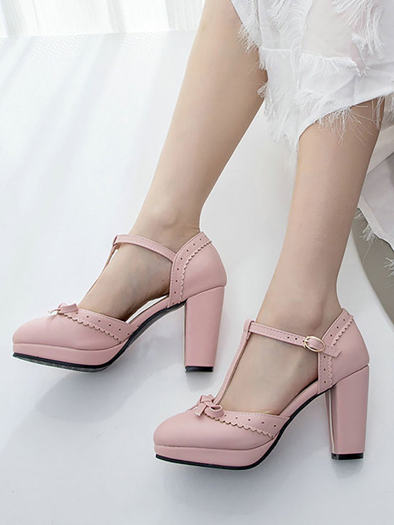 Hellblau Retro Bogen T-Gurt Hoher Absatz Schuhe