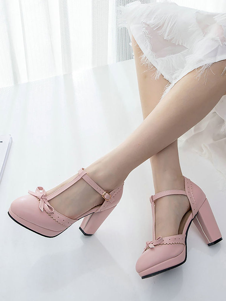 Schwarz Retro Bogen T-Gurt Hoher Absatz Schuhe