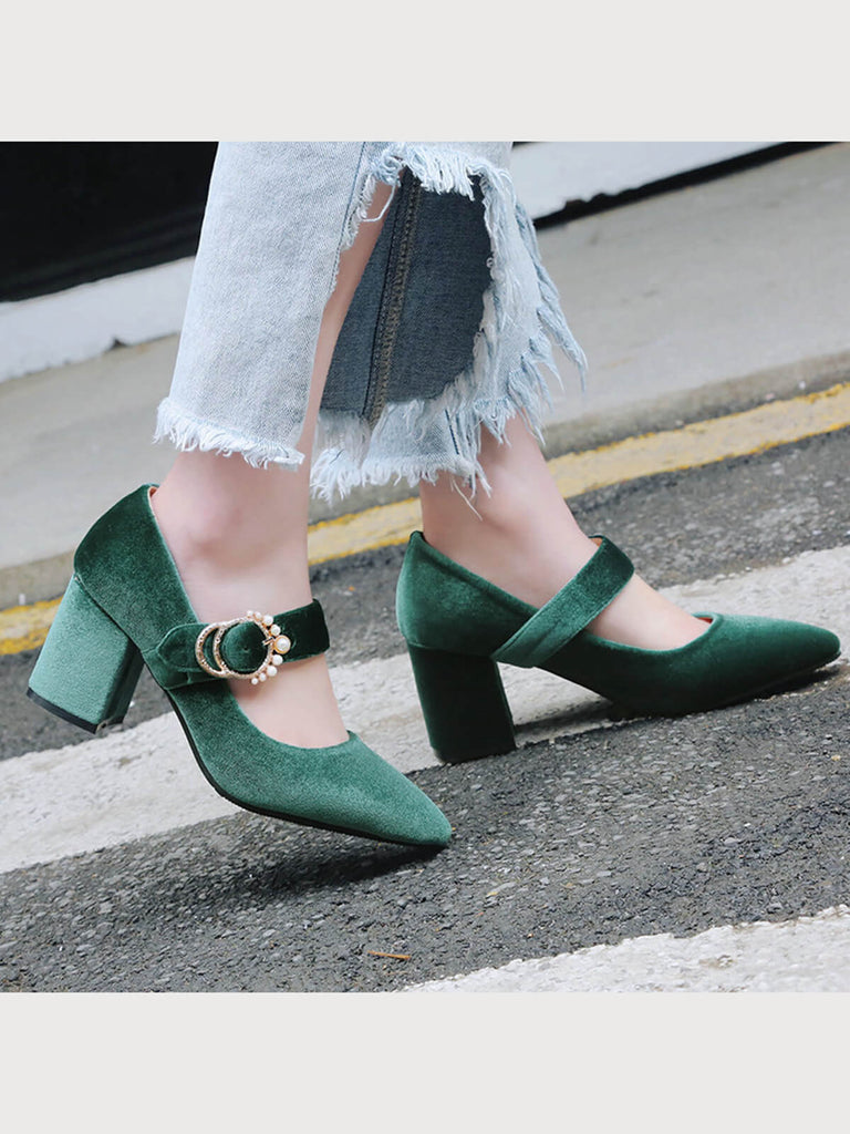 Grün VELVET MARY JANE HIGH HEEL SCHUHE MIT SCHNALLENBLOCK