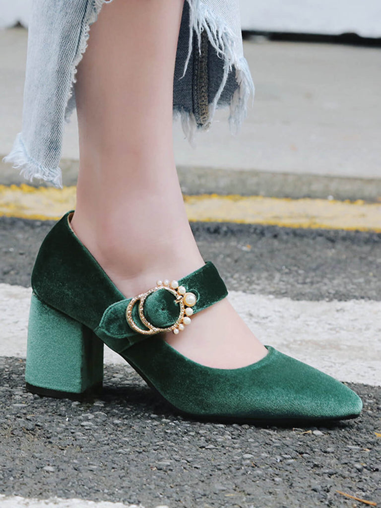 Grün VELVET MARY JANE HIGH HEEL SCHUHE MIT SCHNALLENBLOCK