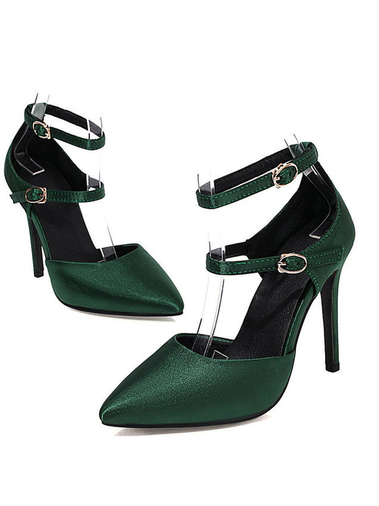 Dunkelgrün Satin Doppelschnalle Gürtel Hoher Absatz Schuhe