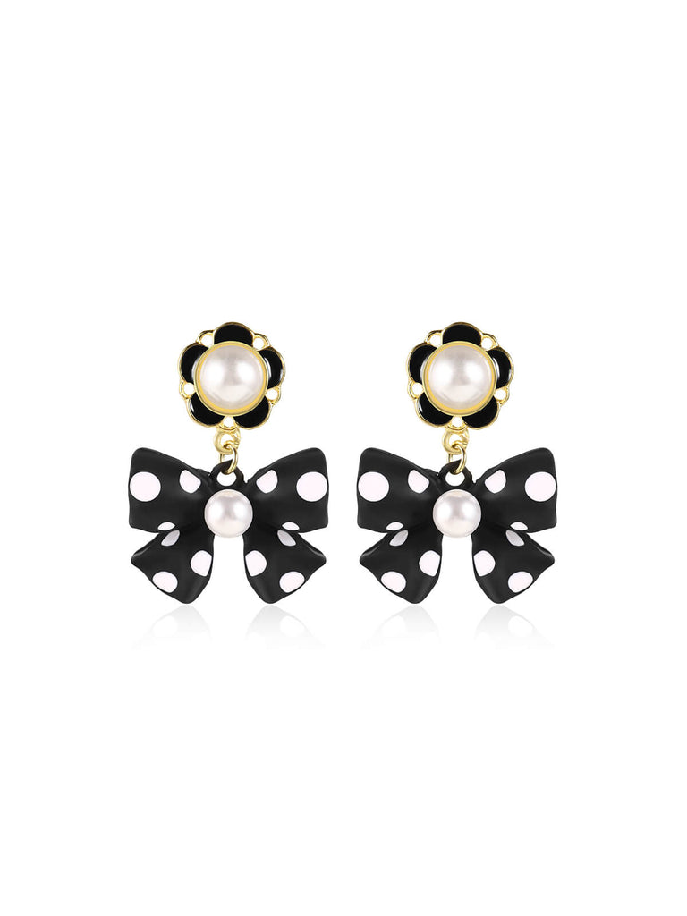 Schwarz Retro Tupfen Bogen Perlen Ohrringe