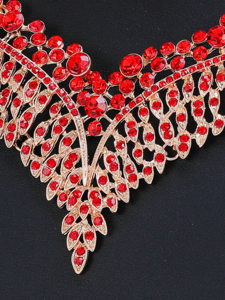 Rot Vintage Legierung Kristall Edelstein Halskette Ohrring Set