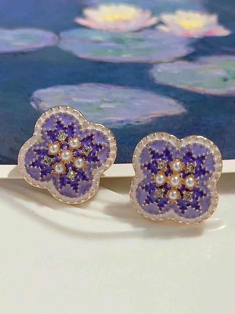 Lila Vintage 4-Blatt Klee Strass Ohrringe