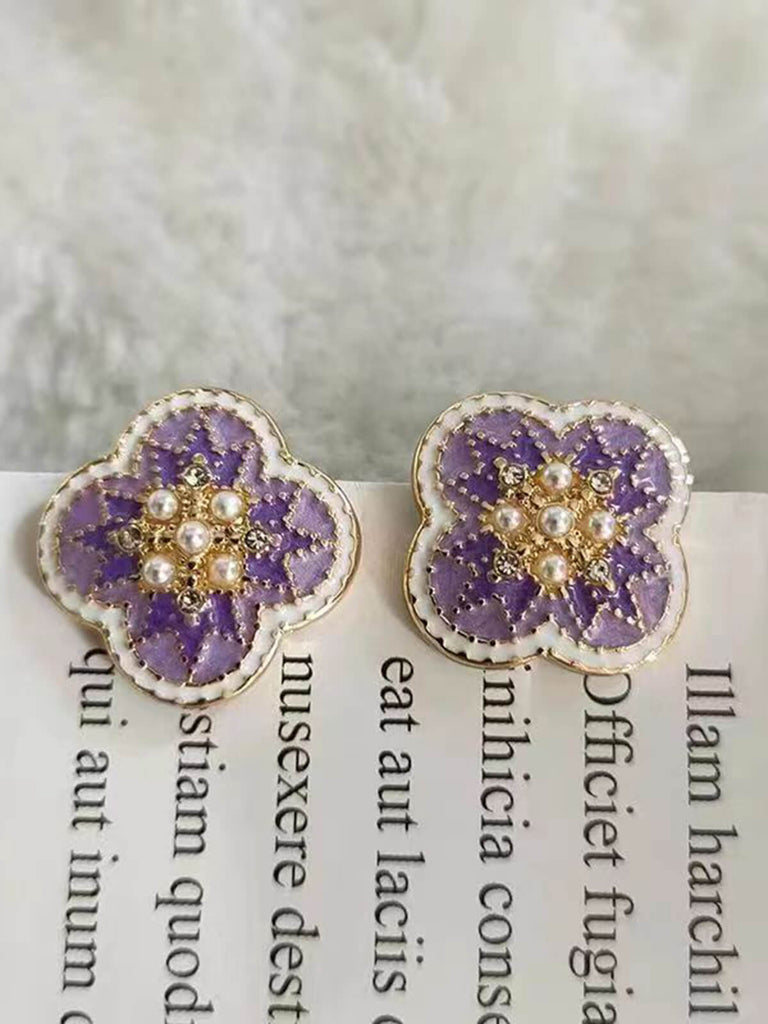 Lila Vintage 4-Blatt Klee Strass Ohrringe