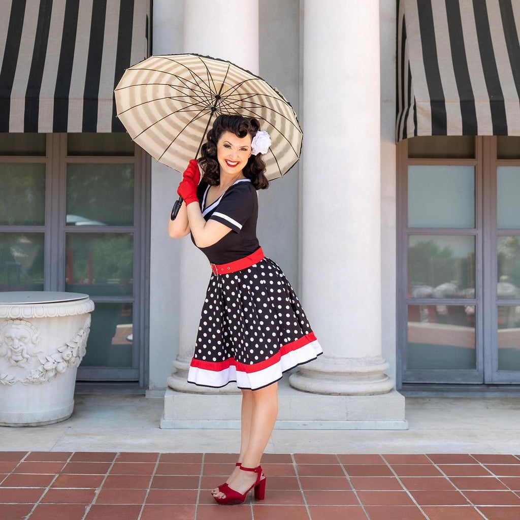 Schwarz 1950er Punkt Druck Patchwork Kleid