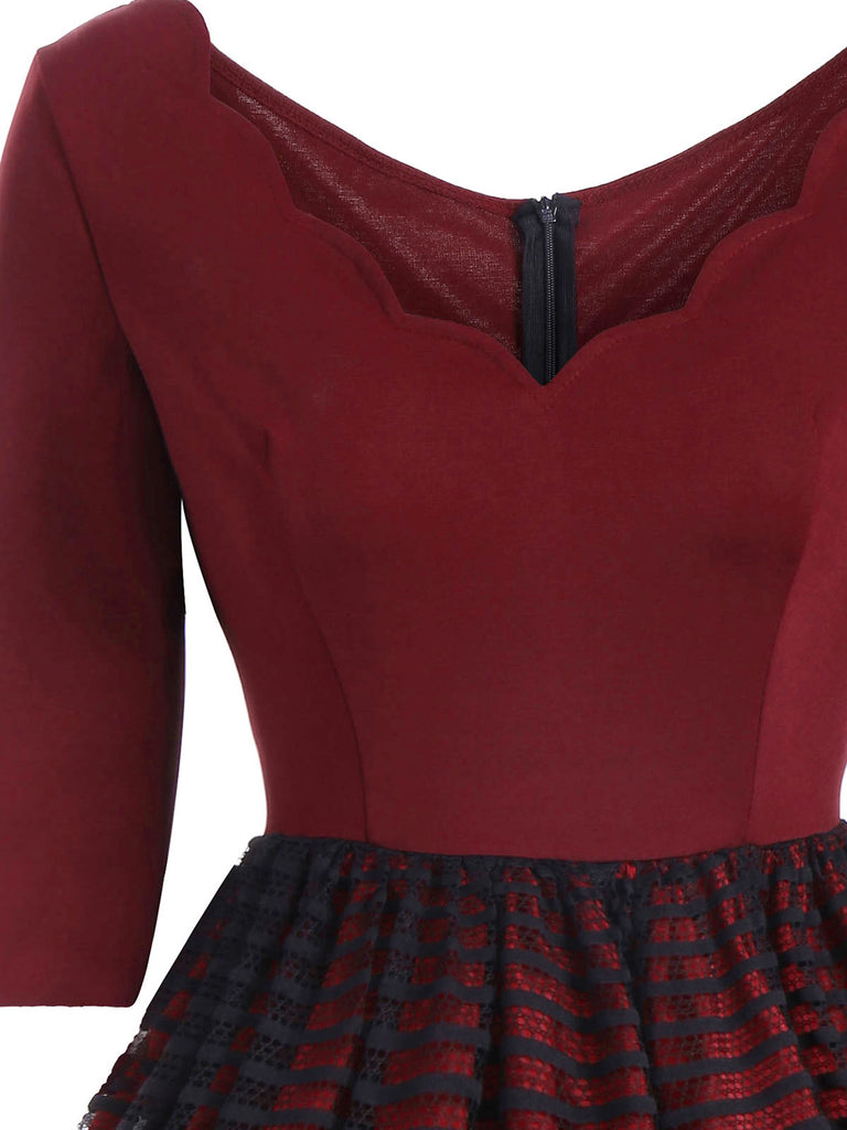 1950ER SPITZEN PATCHWORK V-AUSSCHNITT KLEID