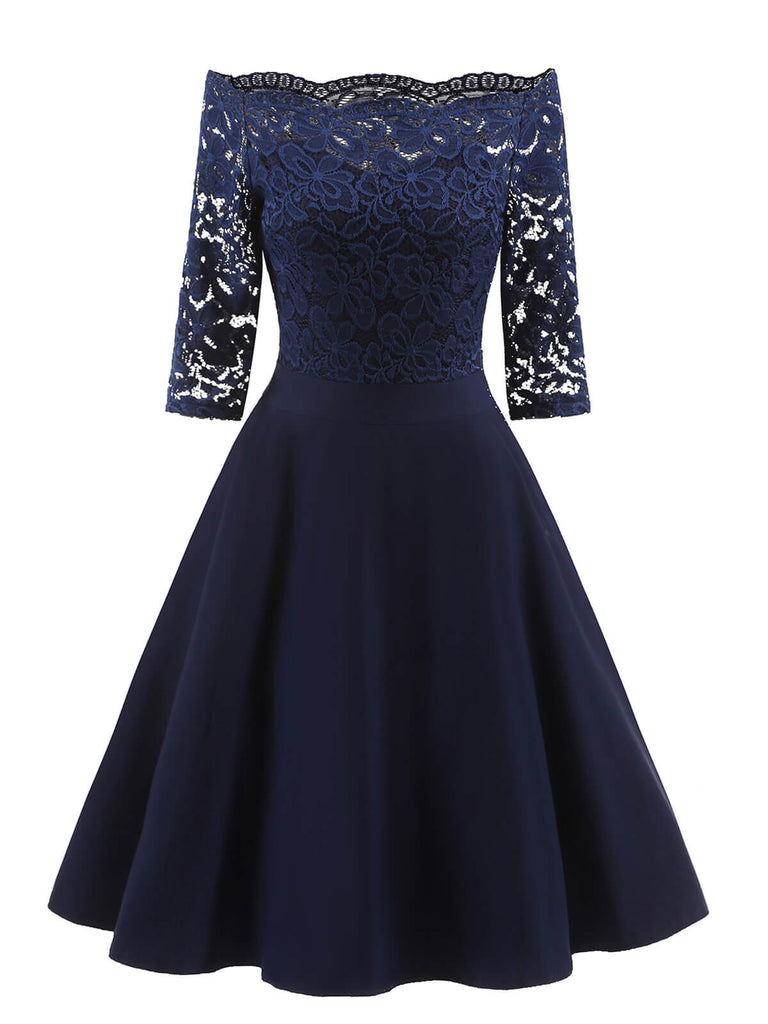 Dunkelblau 1950ER SPITZE SCHULTERFREIES KLEID