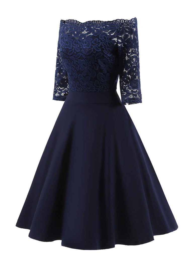 Dunkelblau 1950ER SPITZE SCHULTERFREIES KLEID