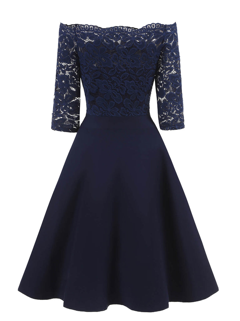 Dunkelblau 1950ER SPITZE SCHULTERFREIES KLEID