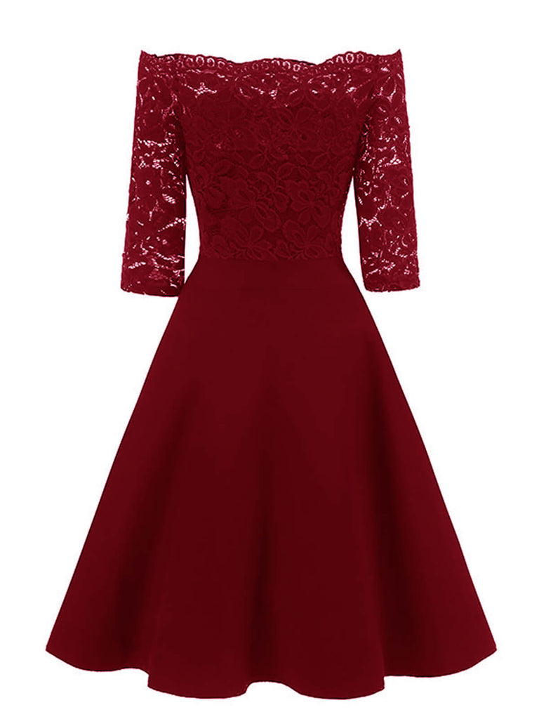 Dunkelblau 1950ER SPITZE SCHULTERFREIES KLEID