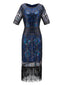 BLAU 1920ER HALBE ÄRMEL PAILLETTEN FRANSEN KLEID